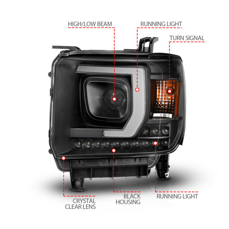ANZO 2014-2015 Gmc Sierra 1500HD Projector Plank Style Headlight Black W/ Drl 111450