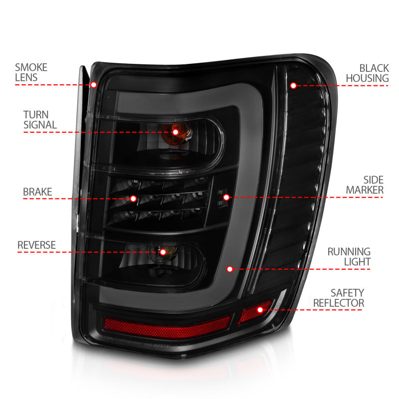ANZO 1999-2004 Jeep Grand Cherokee LED Tail Lights w/ Light Bar Black Housing Smoke Lens 311395