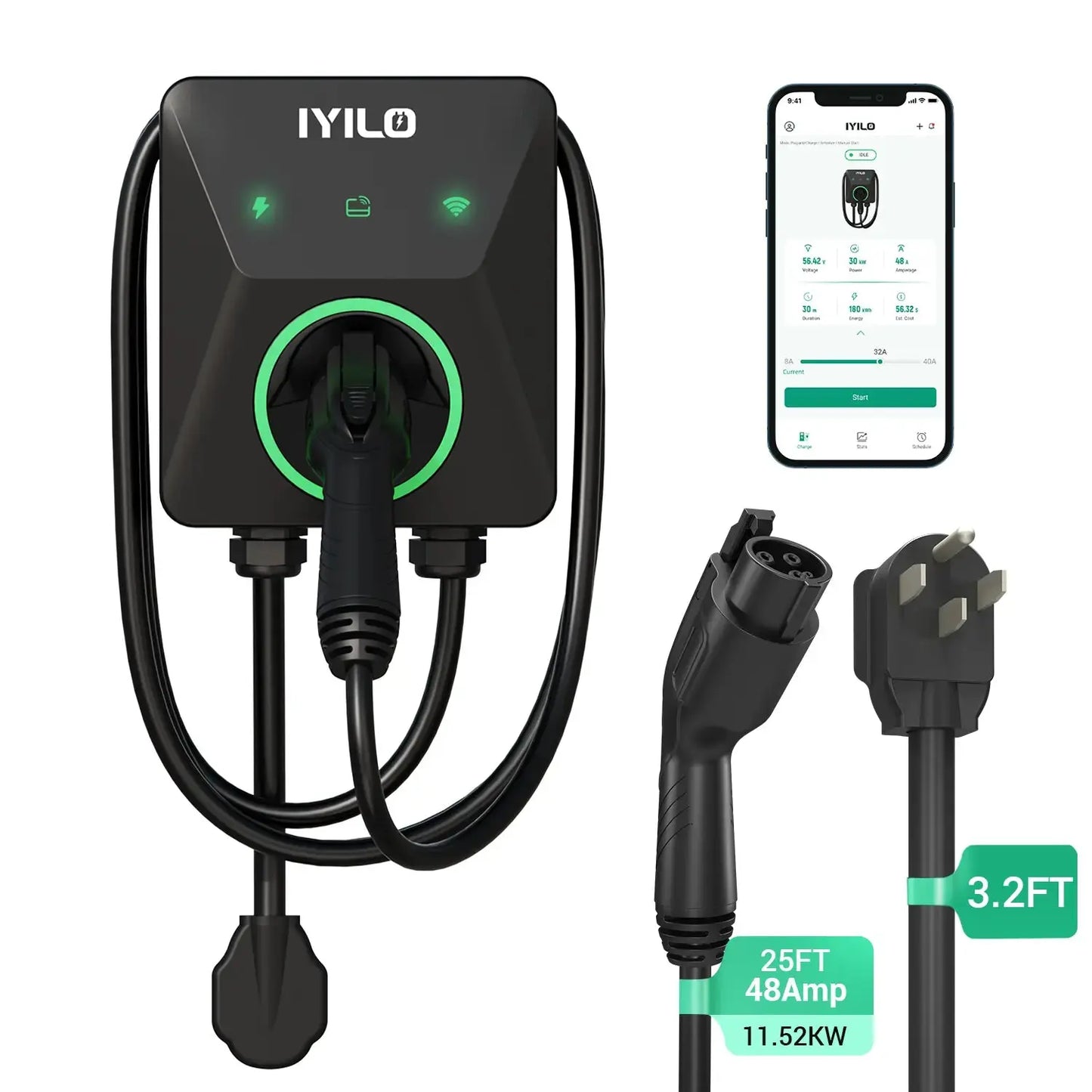 IYILO Level 2 EV Charger NEMA 14-50 J1772 Wall-mounted Plug In - 48A