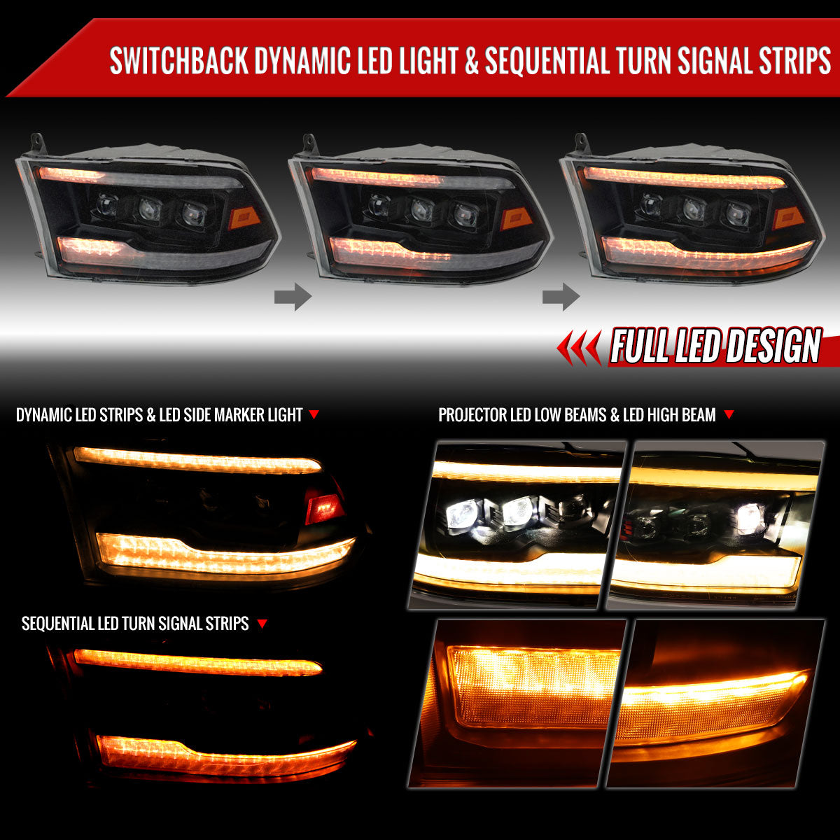 2009-2018 Dodge RAM 1500 / 2019 RAM Classic / 2010-2018 RAM 2500 3500 Projector Headlights w/ Amber LED Sequential Turn Signal (Matte Black Housing/Clear Lens)