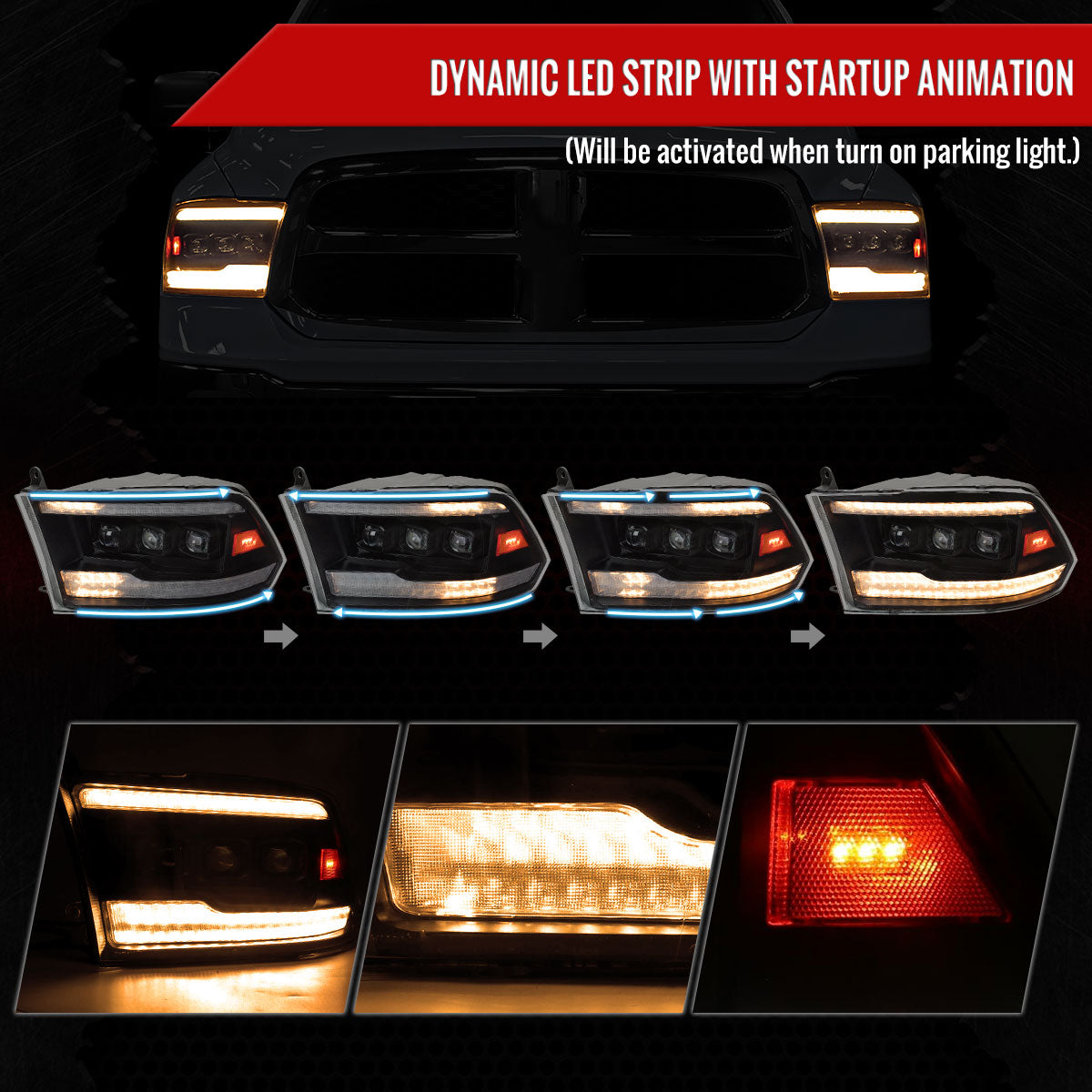 2009-2018 Dodge RAM 1500 / 2019 RAM Classic / 2010-2018 RAM 2500 3500 Projector Headlights w/ Amber LED Sequential Turn Signal (Matte Black Housing/Clear Lens)