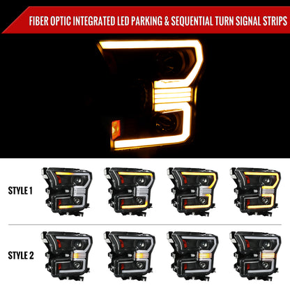 2015â€“2017 Ford F-150 LED Bar Projector Headlights w/ Amber LED Sequential Turn Signals & Starup Animition (Black Housing / Clear Lens)