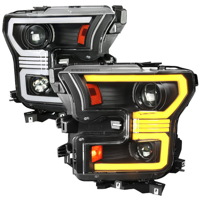 2015â€“2017 Ford F-150 LED Bar Projector Headlights w/ Amber LED Sequential Turn Signals & Starup Animition (Black Housing / Clear Lens)