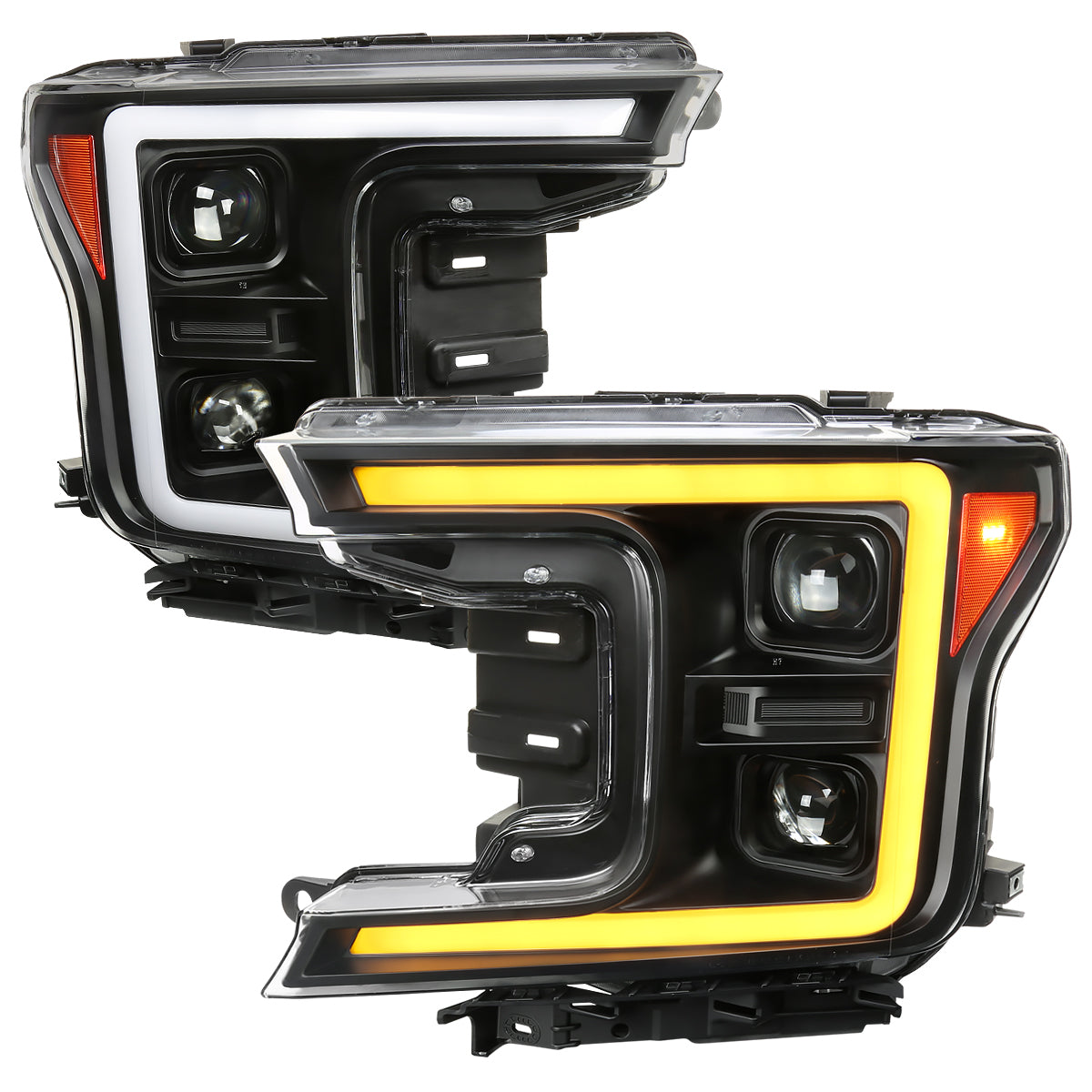 2018-2020 Ford F-150 Projector Headlights w/ Amber LED Sequential Turn Signal Lights (Matte Black Housing / Clear Lens)