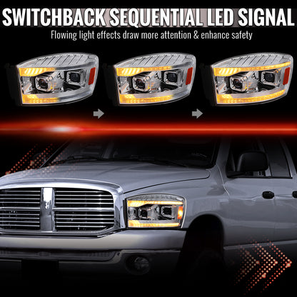 2006â€“2008 Dodge RAM 1500 / 2006â€“2009 RAM 2500 3500 Projector Headlights with Switchback Amber LED Strips, Sequential Turn Signals, DRL & Startup Animation (Chrome Housing / Clear Lens)