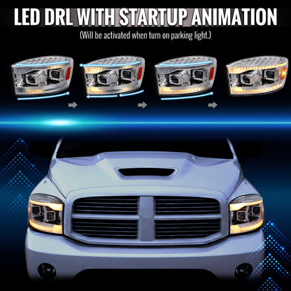 2006â€“2008 Dodge RAM 1500 / 2006â€“2009 RAM 2500 3500 Projector Headlights with Switchback Amber LED Strips, Sequential Turn Signals, DRL & Startup Animation (Chrome Housing / Clear Lens)