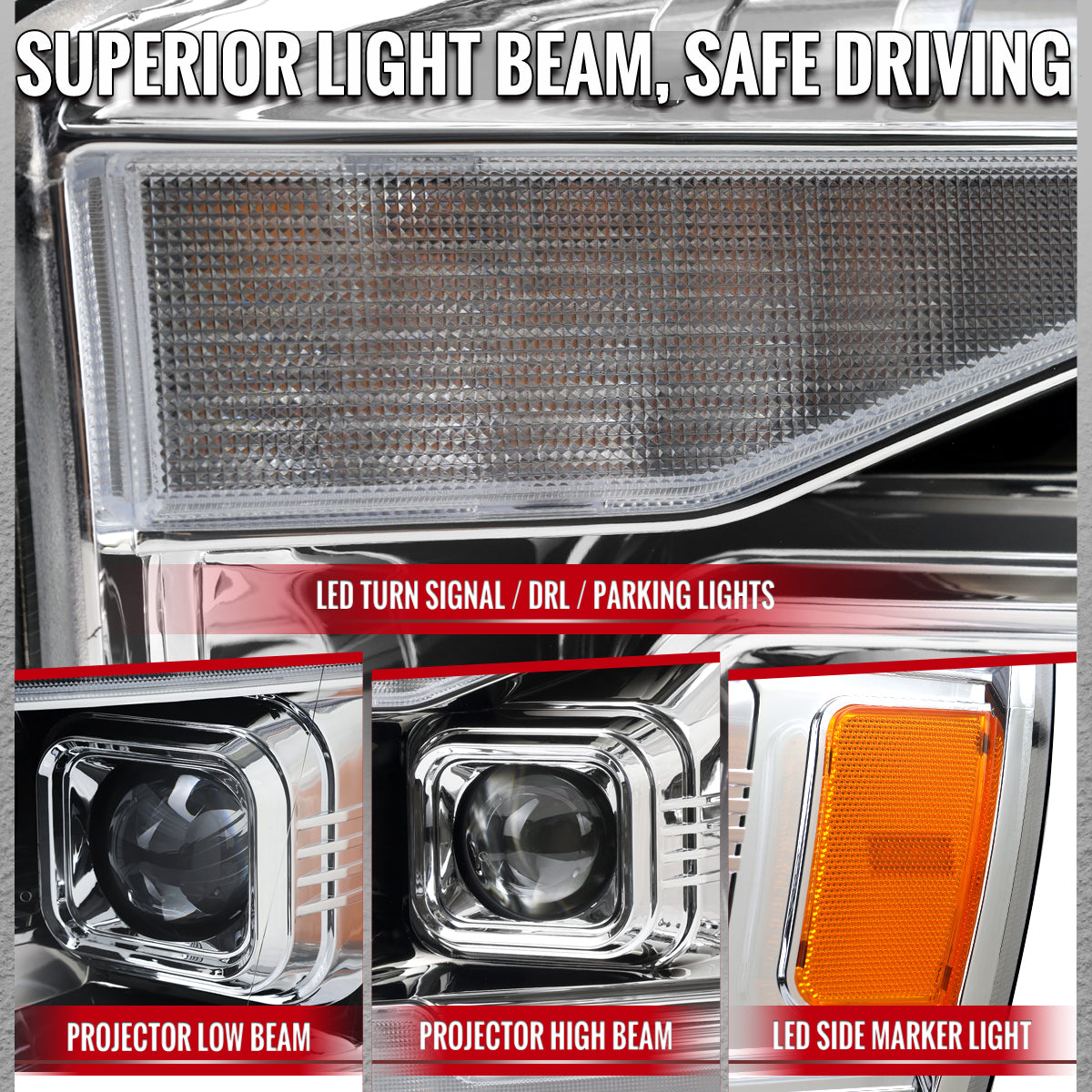 2006â€“2008 Dodge RAM 1500 / 2006â€“2009 RAM 2500 3500 Projector Headlights with Switchback Amber LED Strips, Sequential Turn Signals, DRL & Startup Animation (Chrome Housing / Clear Lens)