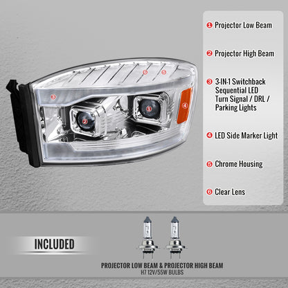 2006â€“2008 Dodge RAM 1500 / 2006â€“2009 RAM 2500 3500 Projector Headlights with Switchback Amber LED Strips, Sequential Turn Signals, DRL & Startup Animation (Chrome Housing / Clear Lens)