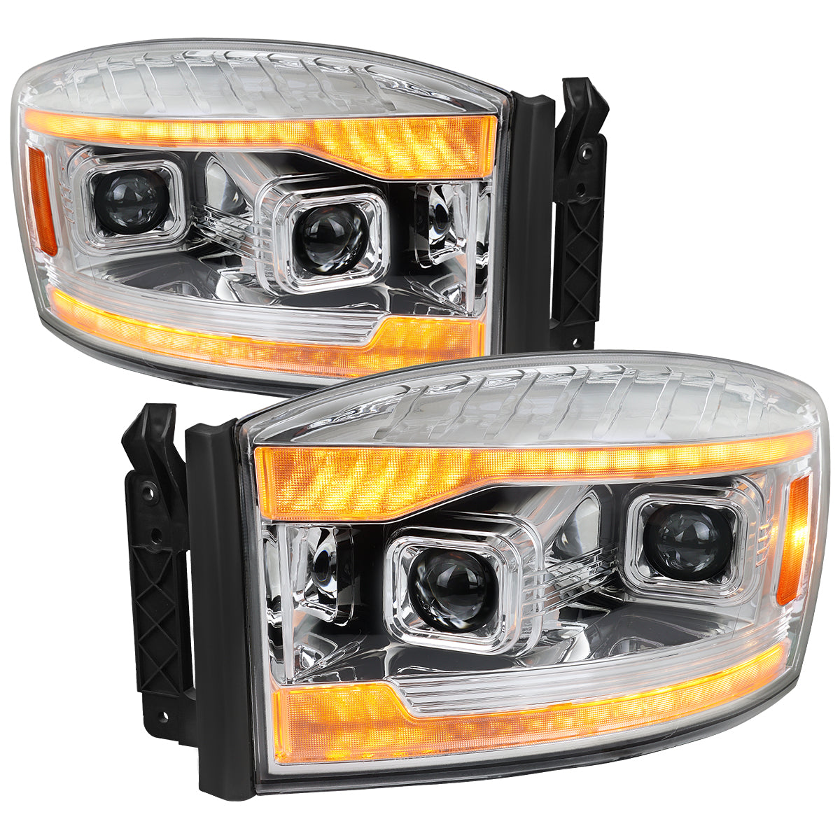 2006â€“2008 Dodge RAM 1500 / 2006â€“2009 RAM 2500 3500 Projector Headlights with Switchback Amber LED Strips, Sequential Turn Signals, DRL & Startup Animation (Chrome Housing / Clear Lens)
