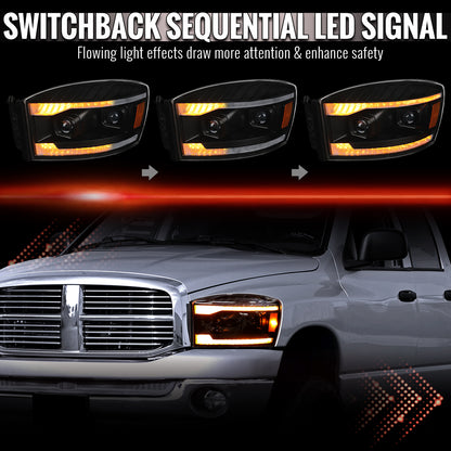 2006â€“2008 Dodge RAM 1500 / 2006â€“2009 RAM 2500 3500 Projector Headlights with Switchback Amber LED Strips, Sequential Turn Signals, DRL & Startup Animation (Black Housing / Clear Lens)