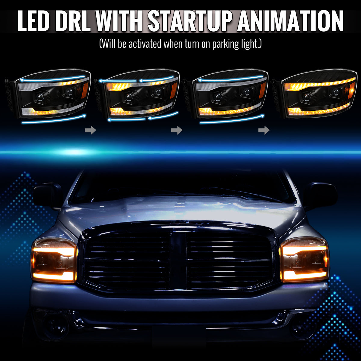2006â€“2008 Dodge RAM 1500 / 2006â€“2009 RAM 2500 3500 Projector Headlights with Switchback Amber LED Strips, Sequential Turn Signals, DRL & Startup Animation (Black Housing / Clear Lens)