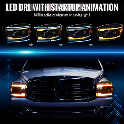 2006â€“2008 Dodge RAM 1500 / 2006â€“2009 RAM 2500 3500 Projector Headlights with Switchback Amber LED Strips, Sequential Turn Signals, DRL & Startup Animation (Black Housing / Clear Lens)