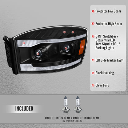 2006â€“2008 Dodge RAM 1500 / 2006â€“2009 RAM 2500 3500 Projector Headlights with Switchback Amber LED Strips, Sequential Turn Signals, DRL & Startup Animation (Black Housing / Clear Lens)