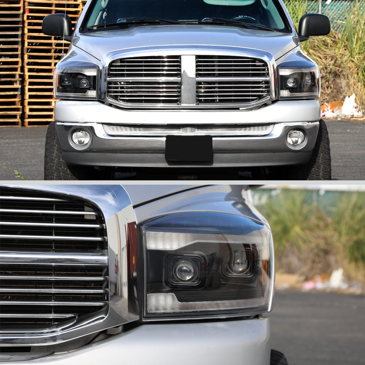 2006â€“2008 Dodge RAM 1500 / 2006â€“2009 RAM 2500 3500 Projector Headlights with Switchback Amber LED Strips, Sequential Turn Signals, DRL & Startup Animation (Black Housing / Clear Lens)
