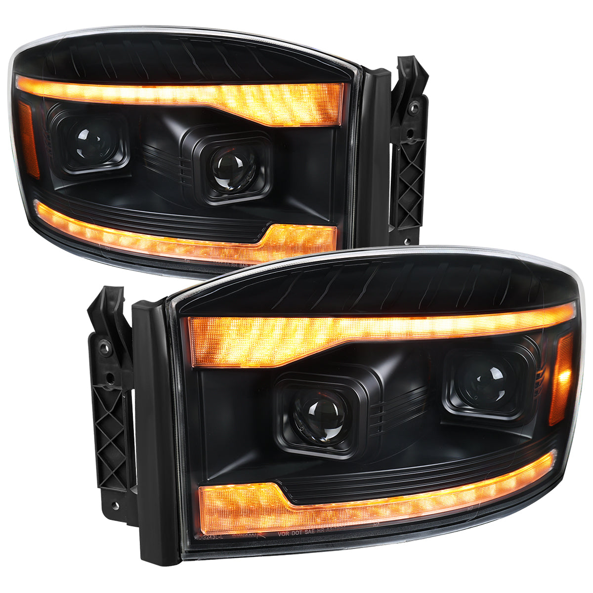 2006â€“2008 Dodge RAM 1500 / 2006â€“2009 RAM 2500 3500 Projector Headlights with Switchback Amber LED Strips, Sequential Turn Signals, DRL & Startup Animation (Black Housing / Clear Lens)