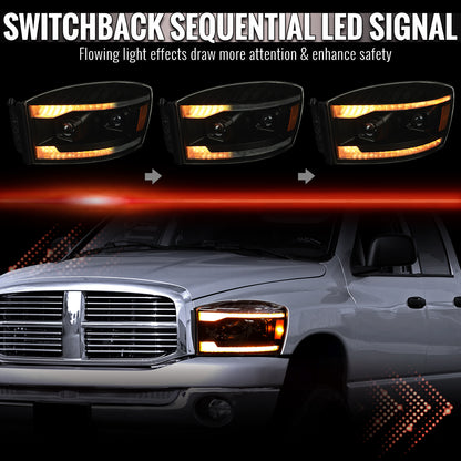 2006â€“2008 Dodge RAM 1500 / 2006â€“2009 RAM 2500 3500 Projector Headlights with Switchback Amber LED Strips, Sequential Turn Signals, DRL & Startup Animation (Black Housing / Smoked Lens)