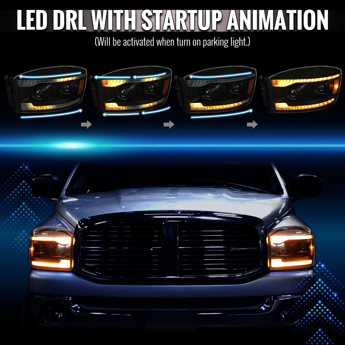 2006â€“2008 Dodge RAM 1500 / 2006â€“2009 RAM 2500 3500 Projector Headlights with Switchback Amber LED Strips, Sequential Turn Signals, DRL & Startup Animation (Black Housing / Smoked Lens)
