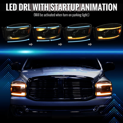 2006â€“2008 Dodge RAM 1500 / 2006â€“2009 RAM 2500 3500 Projector Headlights with Switchback Amber LED Strips, Sequential Turn Signals, DRL & Startup Animation (Black Housing / Smoked Lens)