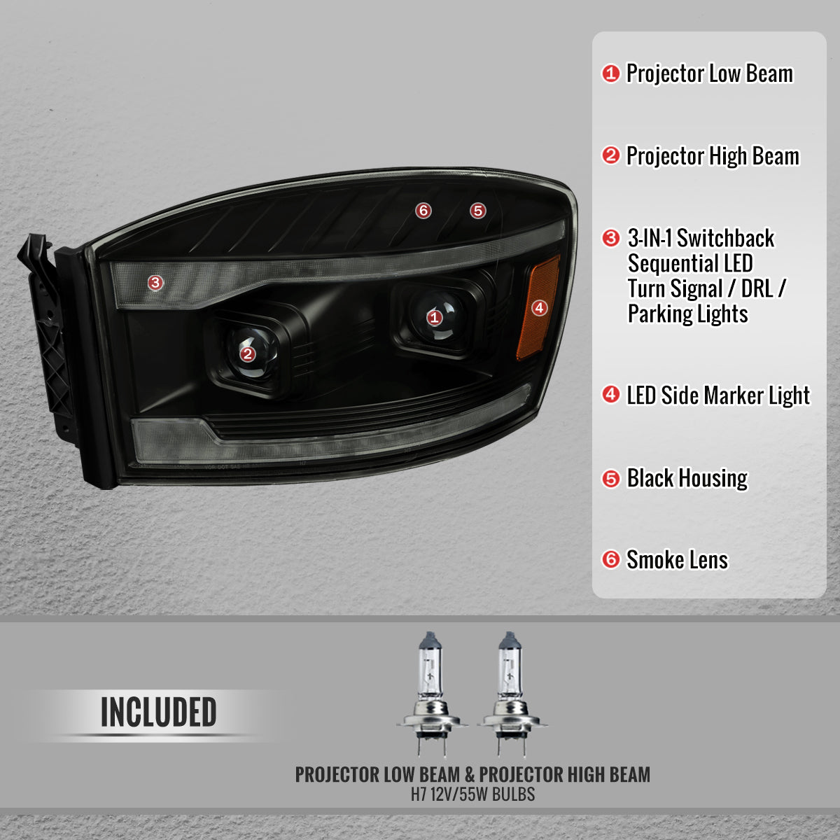2006â€“2008 Dodge RAM 1500 / 2006â€“2009 RAM 2500 3500 Projector Headlights with Switchback Amber LED Strips, Sequential Turn Signals, DRL & Startup Animation (Black Housing / Smoked Lens)