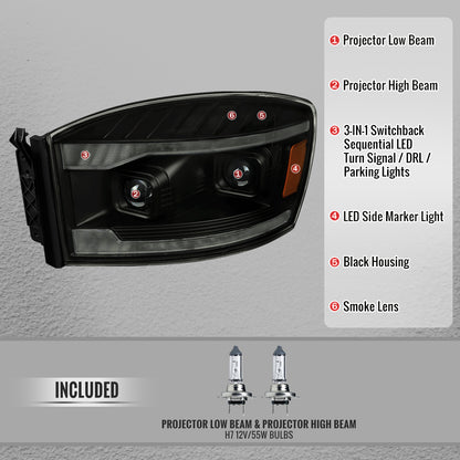 2006â€“2008 Dodge RAM 1500 / 2006â€“2009 RAM 2500 3500 Projector Headlights with Switchback Amber LED Strips, Sequential Turn Signals, DRL & Startup Animation (Black Housing / Smoked Lens)