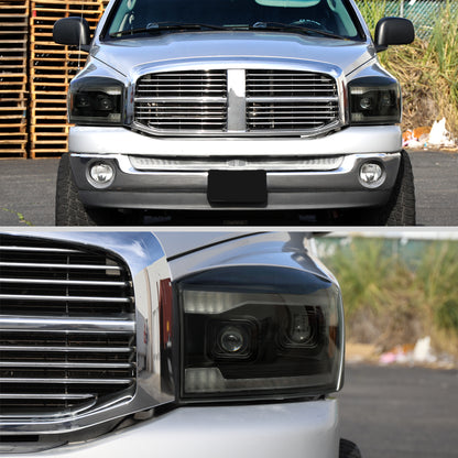 2006â€“2008 Dodge RAM 1500 / 2006â€“2009 RAM 2500 3500 Projector Headlights with Switchback Amber LED Strips, Sequential Turn Signals, DRL & Startup Animation (Black Housing / Smoked Lens)