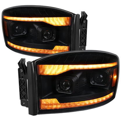 2006â€“2008 Dodge RAM 1500 / 2006â€“2009 RAM 2500 3500 Projector Headlights with Switchback Amber LED Strips, Sequential Turn Signals, DRL & Startup Animation (Black Housing / Smoked Lens)