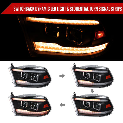 2009-2018 Dodge RAM 1500  / 2019-2021 RAM Classic / 2010-2018 RAM 2500 3500 Projector Headlights w/ Amber LED Sequential Turn Signal (Matte Black Housing/Clear Lens)