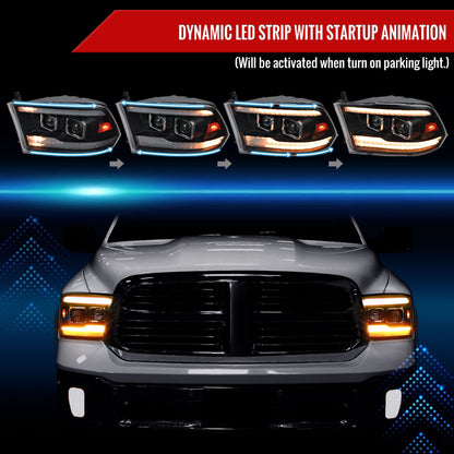 2009-2018 Dodge RAM 1500  / 2019-2021 RAM Classic / 2010-2018 RAM 2500 3500 Projector Headlights w/ Amber LED Sequential Turn Signal (Matte Black Housing/Clear Lens)