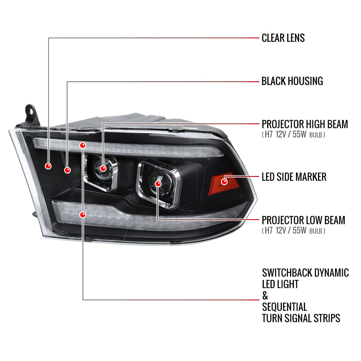 2009-2018 Dodge RAM 1500  / 2019-2021 RAM Classic / 2010-2018 RAM 2500 3500 Projector Headlights w/ Amber LED Sequential Turn Signal (Matte Black Housing/Clear Lens)