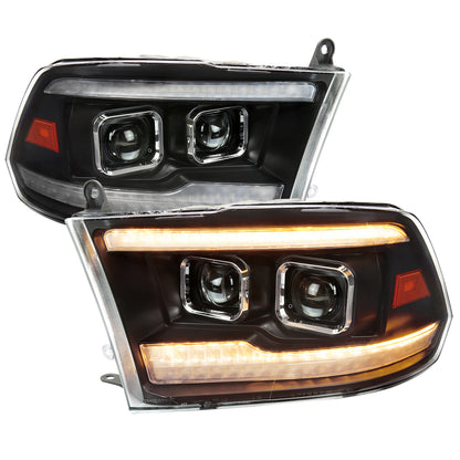 2009-2018 Dodge RAM 1500  / 2019-2021 RAM Classic / 2010-2018 RAM 2500 3500 Projector Headlights w/ Amber LED Sequential Turn Signal (Matte Black Housing/Clear Lens)