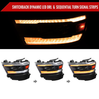 2019â€“2024 Dodge RAM 1500 Projector Headlights w/ Amber LED Sequential Turn Signals & Startup Animation (Matte Black Housing / Clear Lens)
