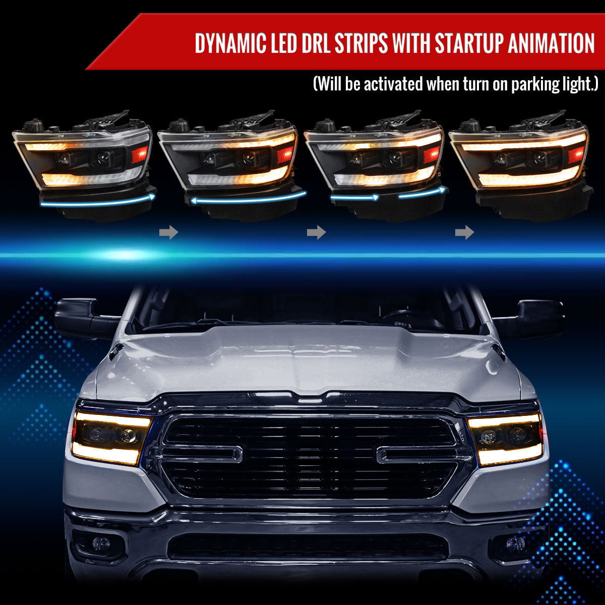 2019â€“2024 Dodge RAM 1500 Projector Headlights w/ Amber LED Sequential Turn Signals & Startup Animation (Matte Black Housing / Clear Lens)