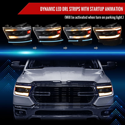 2019â€“2024 Dodge RAM 1500 Projector Headlights w/ Amber LED Sequential Turn Signals & Startup Animation (Matte Black Housing / Clear Lens)