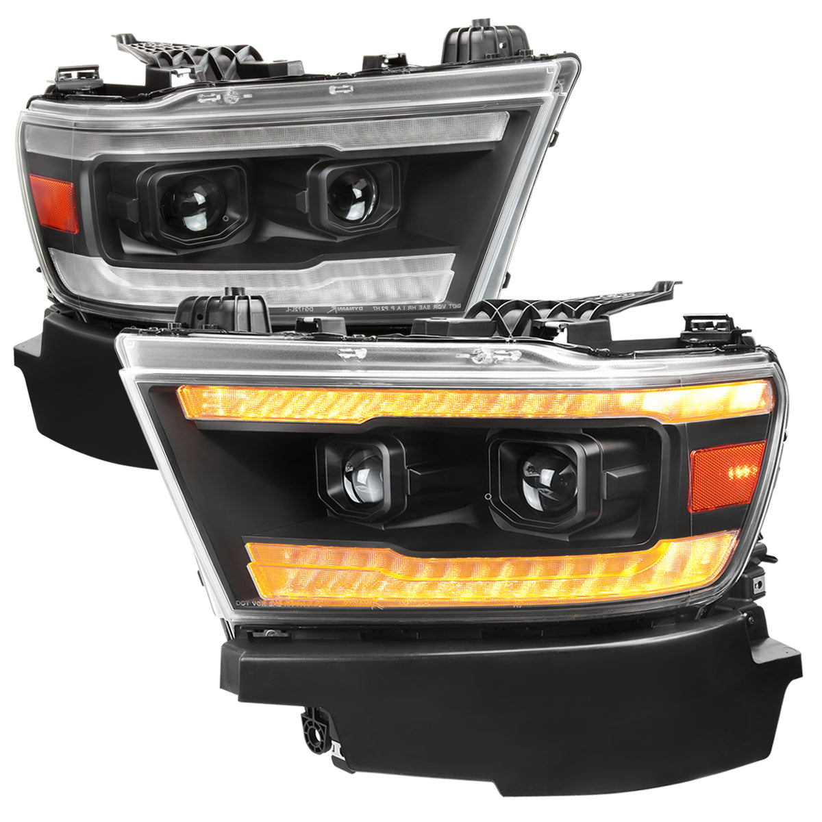 2019â€“2024 Dodge RAM 1500 Projector Headlights w/ Amber LED Sequential Turn Signals & Startup Animation (Matte Black Housing / Clear Lens)