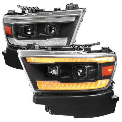 2019â€“2024 Dodge RAM 1500 Projector Headlights w/ Amber LED Sequential Turn Signals & Startup Animation (Matte Black Housing / Clear Lens)