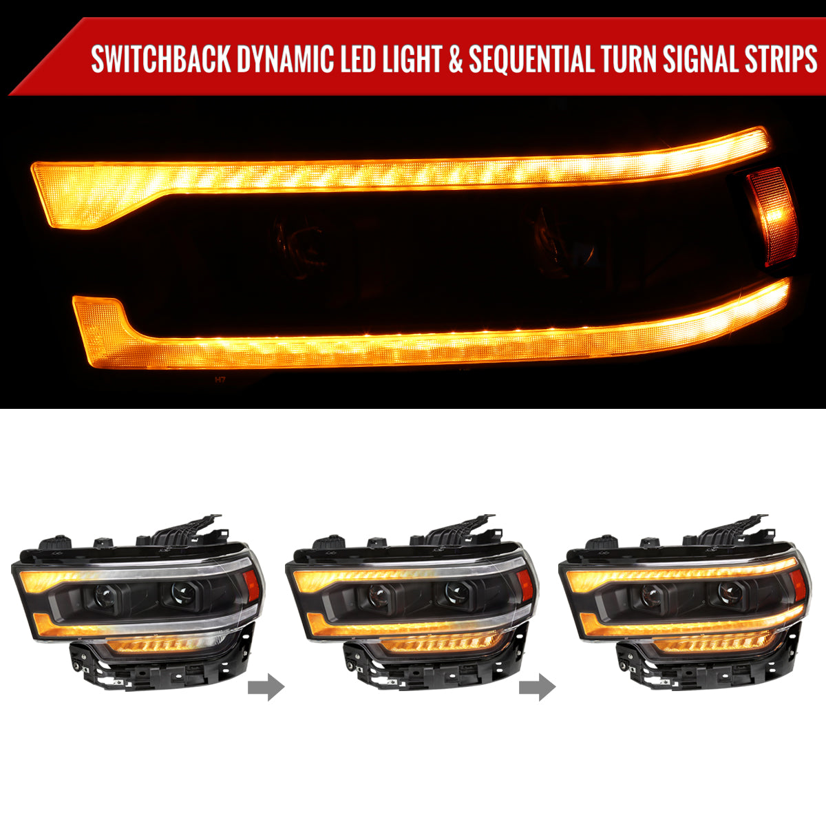 2019-2024 Dodge RAM 2500/3500/4500/5500 Projector Headlights w/ Amber LED Sequential Turn Signal & Starup Animation (Matte Black Housing/Clear Lens)
