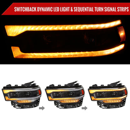 2019-2024 Dodge RAM 2500/3500/4500/5500 Projector Headlights w/ Amber LED Sequential Turn Signal & Starup Animation (Matte Black Housing/Clear Lens)
