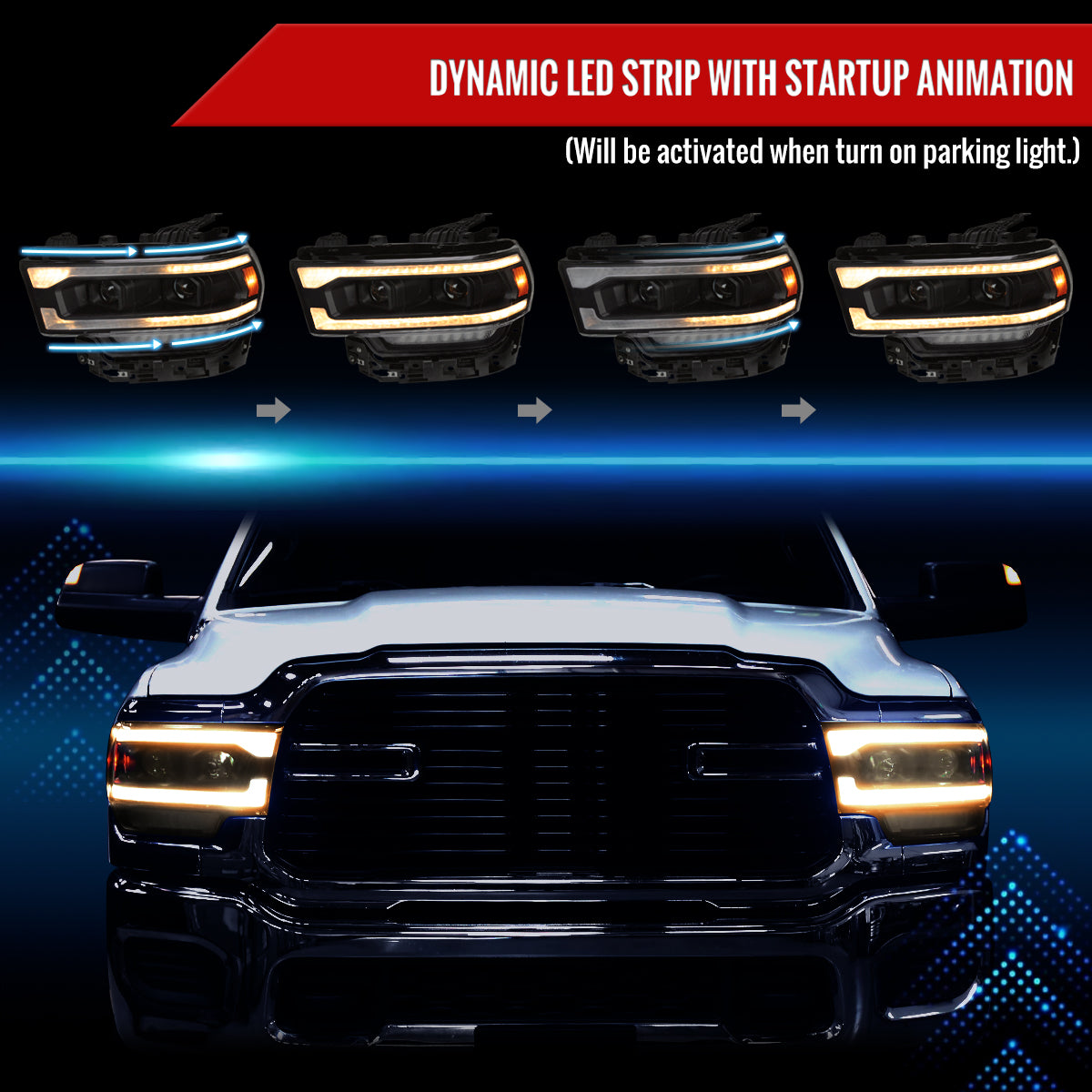 2019-2024 Dodge RAM 2500/3500/4500/5500 Projector Headlights w/ Amber LED Sequential Turn Signal & Starup Animation (Matte Black Housing/Clear Lens)