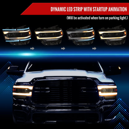 2019-2024 Dodge RAM 2500/3500/4500/5500 Projector Headlights w/ Amber LED Sequential Turn Signal & Starup Animation (Matte Black Housing/Clear Lens)