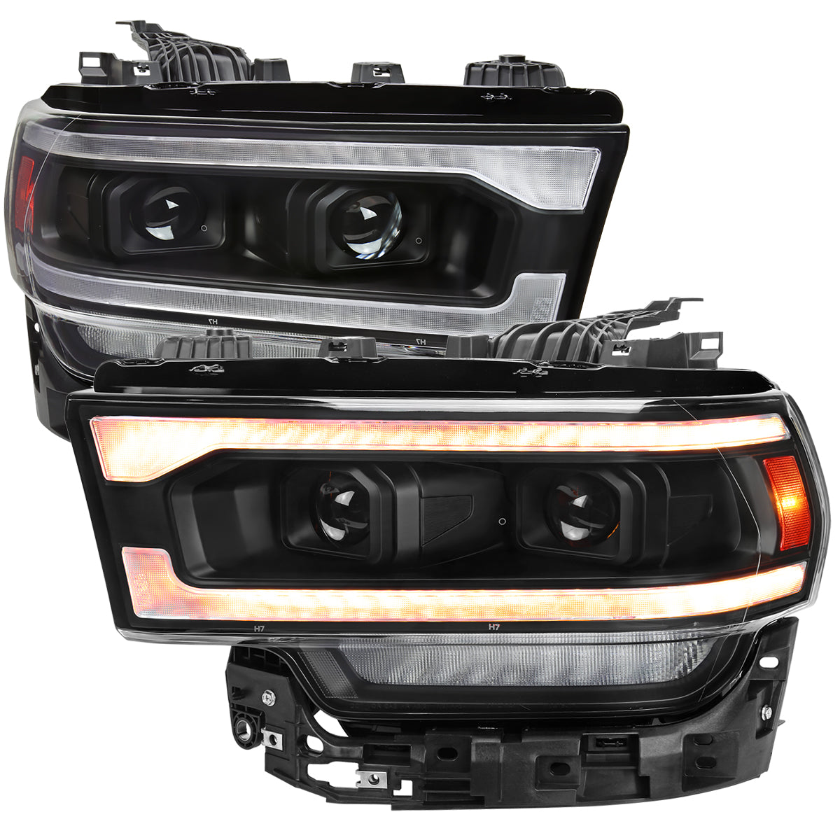 2019-2024 Dodge RAM 2500/3500/4500/5500 Projector Headlights w/ Amber LED Sequential Turn Signal & Starup Animation (Matte Black Housing/Clear Lens)