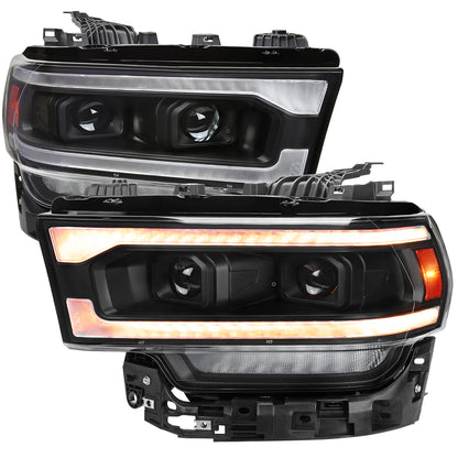 2019-2024 Dodge RAM 2500/3500/4500/5500 Projector Headlights w/ Amber LED Sequential Turn Signal & Starup Animation (Matte Black Housing/Clear Lens)