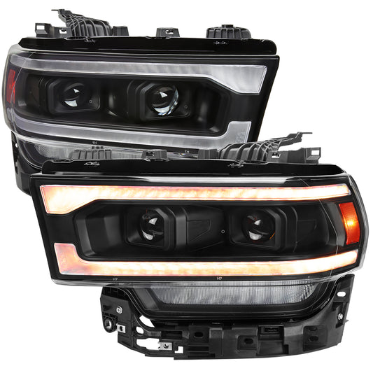 2019-2024 Dodge RAM 2500/3500/4500/5500 Projector Headlights w/ Amber LED Sequential Turn Signal & Starup Animation (Matte Black Housing/Clear Lens)