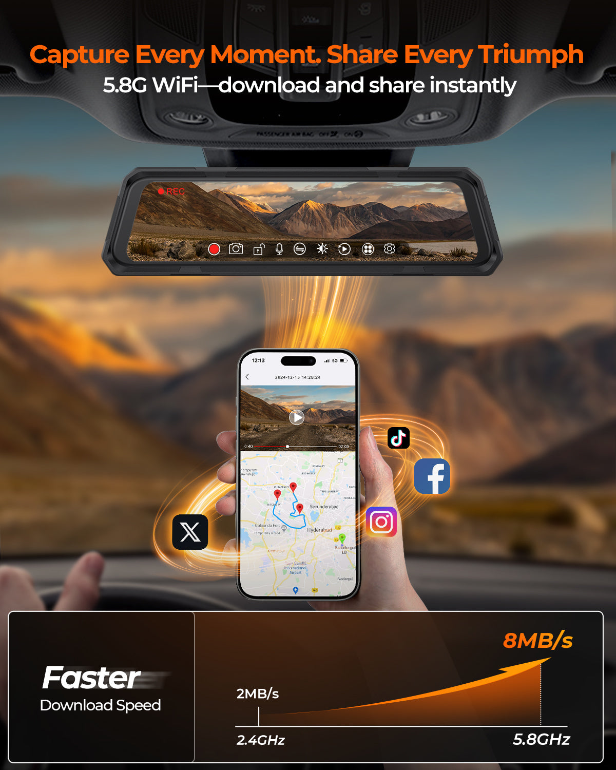 The Legend 2CH Waterproof Mirror Dash Cam, 4K+2.5K