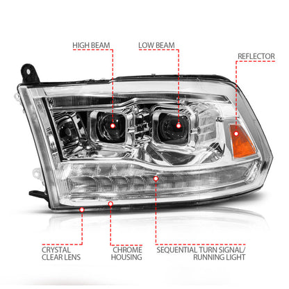 ANZO 09-19 Dodge RAM 1500 / 10-18 2500/3500 LED Proj Headlights SeqSig Chrome - Pair 111627A