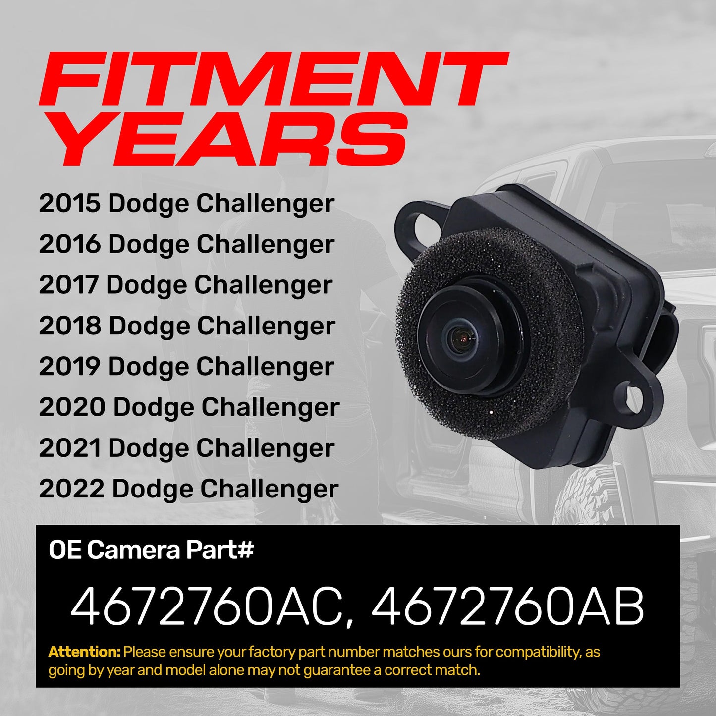 Dodge Challenger (2015-2022) OEM Replacement Backup Camera OE Part # 4672760AB, 4672760AC