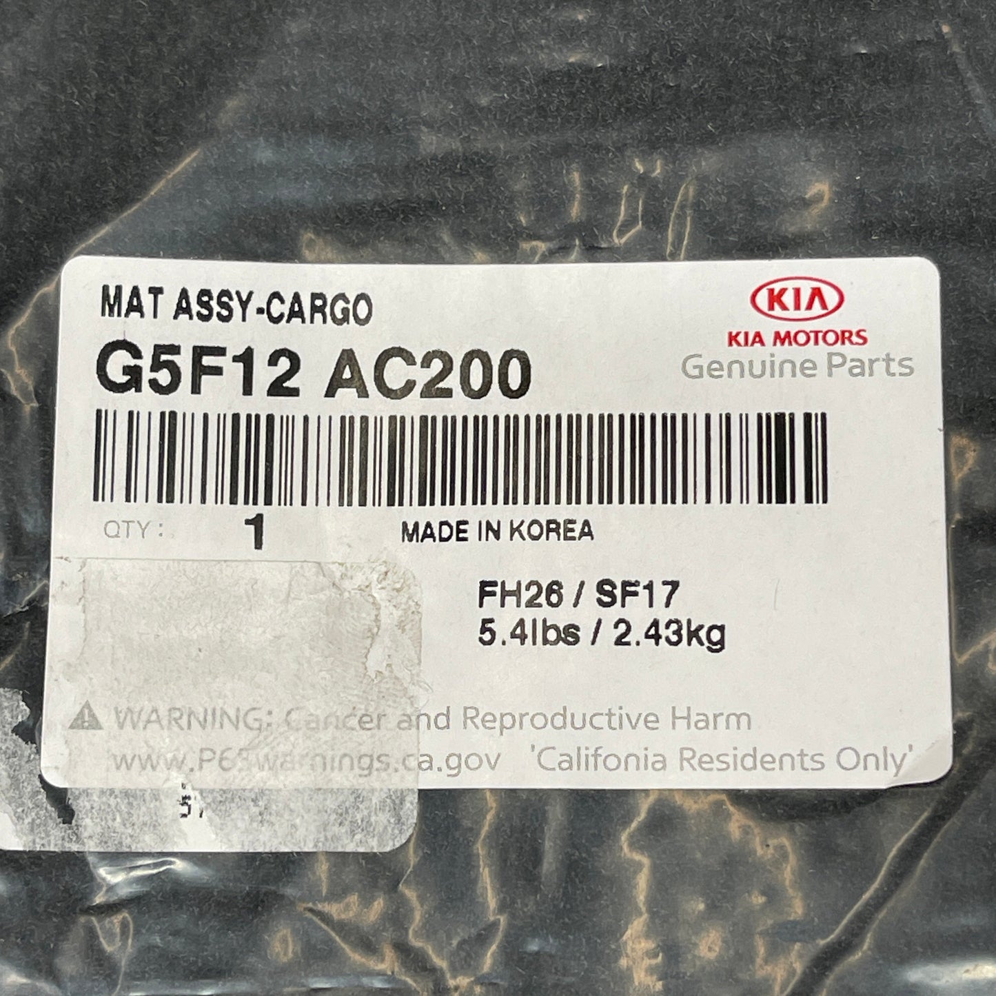 KIA Niro Cargo Mat Carpeted Cargo Liner G5. 12AC2. 0 FH G5F12-AC200
