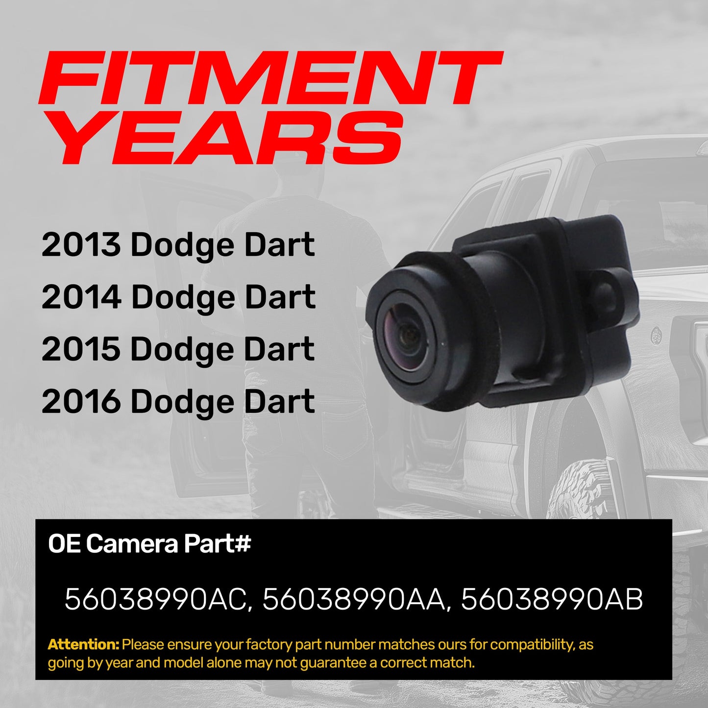 Dodge Dart (2013-2016) OEM Replacement Backup Camera OE Part # 56038990AA, 56038990AB, 56038990AC