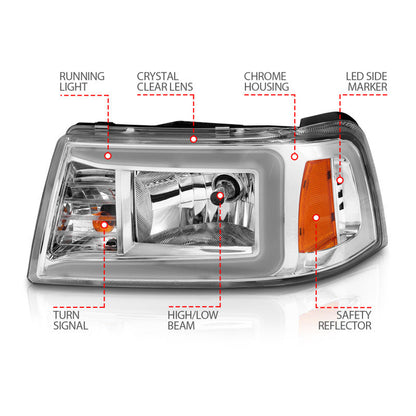 ANZO 2001-2011 Ford Ranger Crystal Headlights w/ Light Bar Chrome Housing 111512