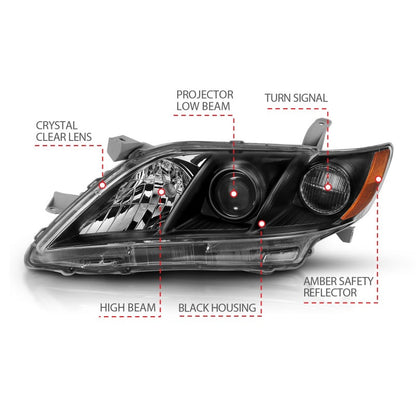 ANZO 2007-2011 Toyota Camry Projector Headlight Black Amber 121539