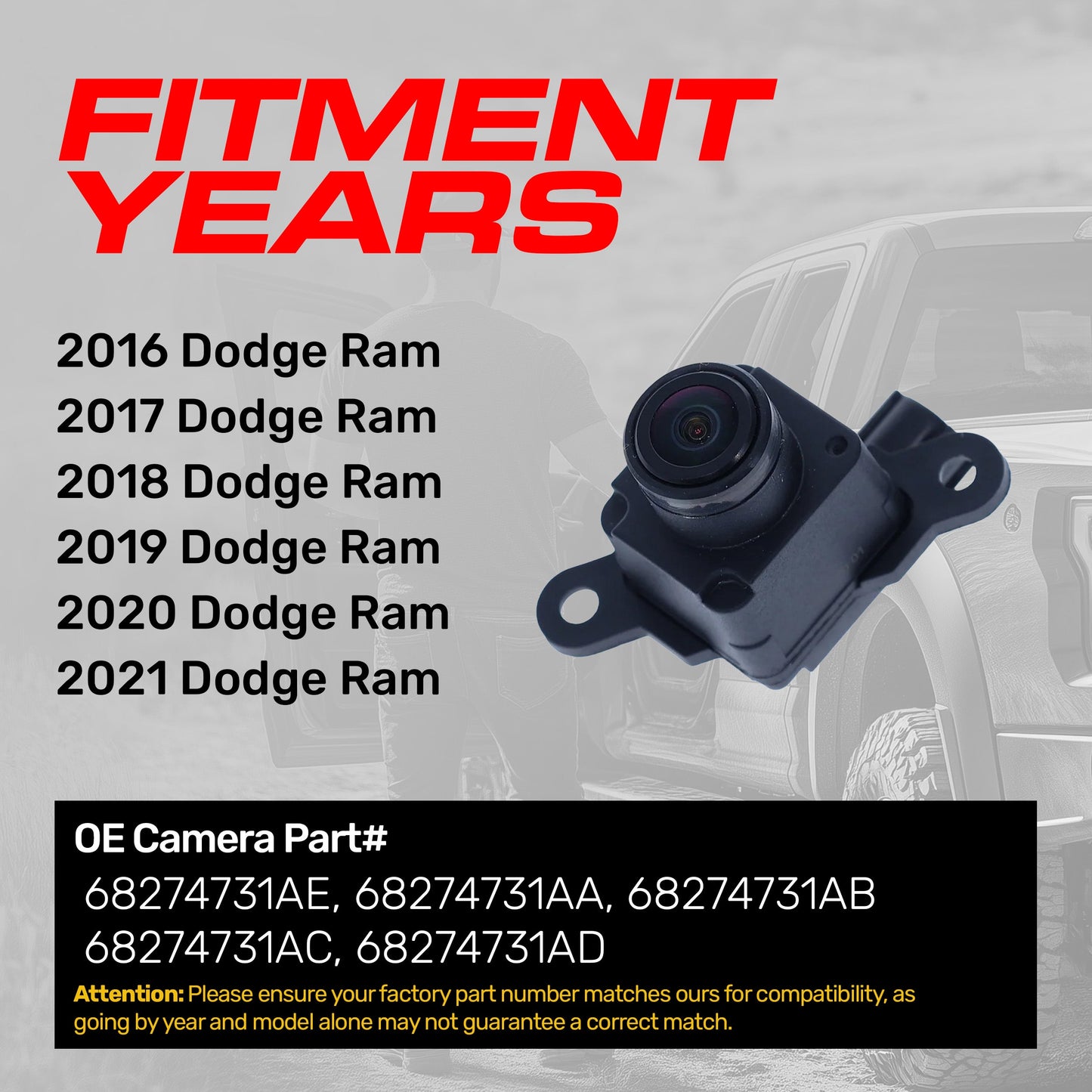 Dodge Ram (2016-2021) OEM Replacement Backup Camera OE Part  # 68274731AA, 68274731AB, 68274731AC, 68274731AD, 68274731AE